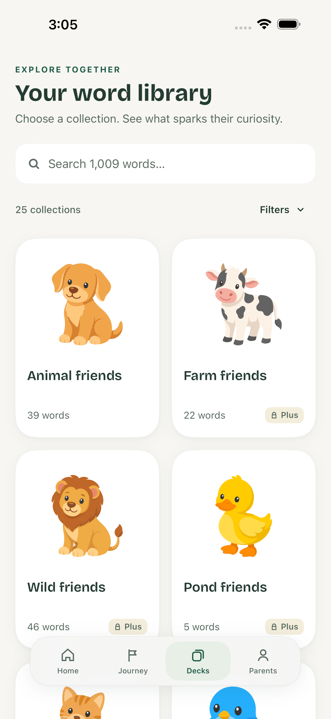 Native deck library with animal, farm, wild and pond collections, search and filters.