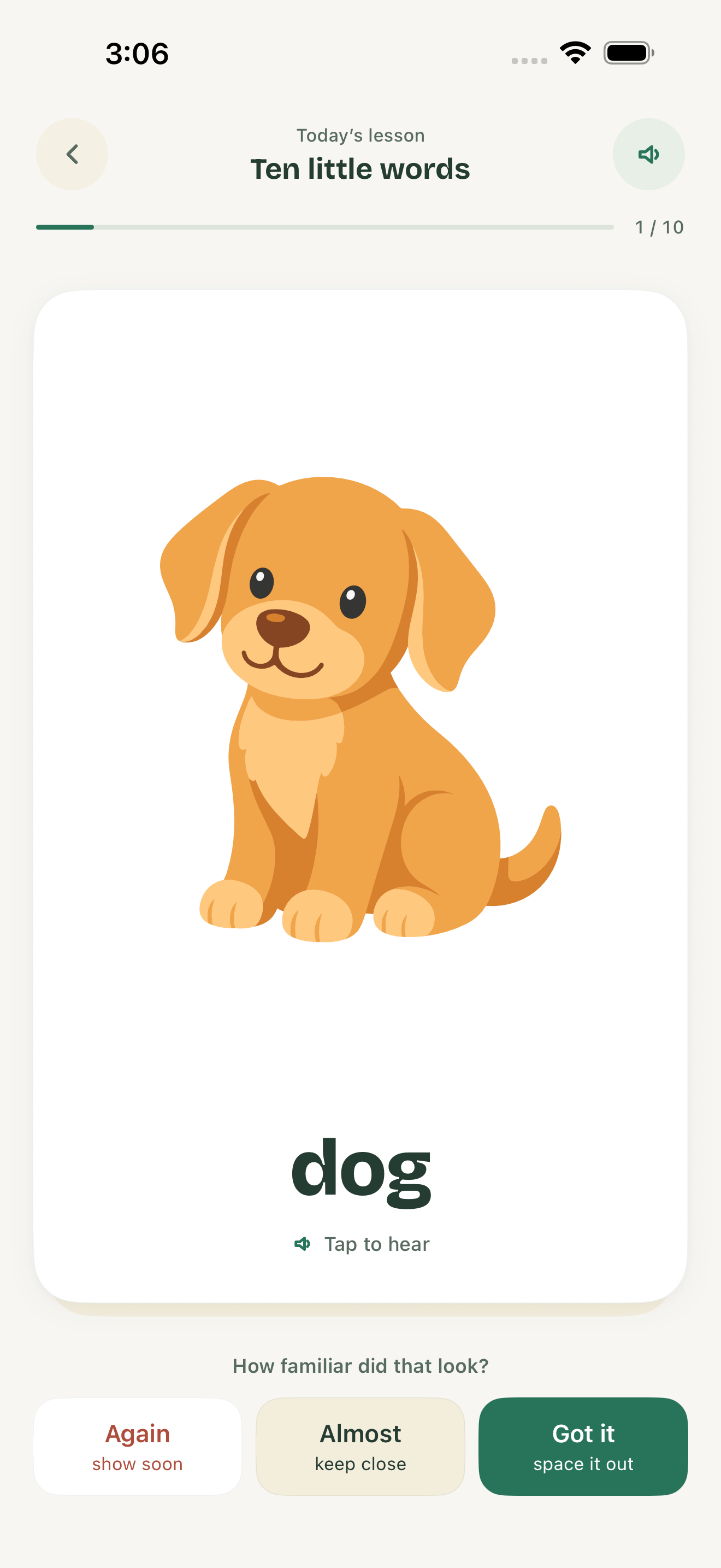 Dog flashcard with tap-to-hear pronunciation and Again, Almost and Got it choices.